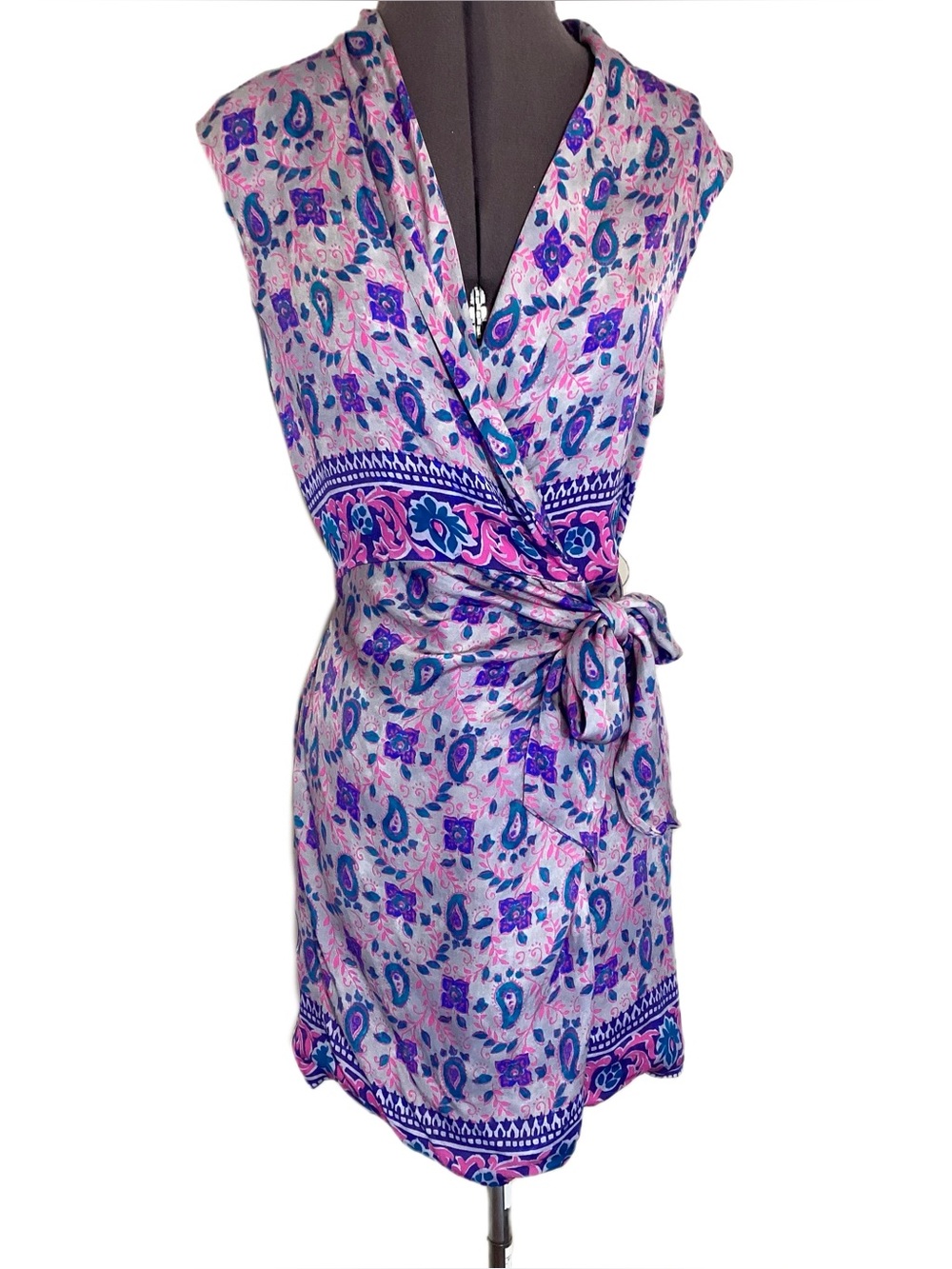 Zara Satin Block Print Collared Mini Wrap Dress S
